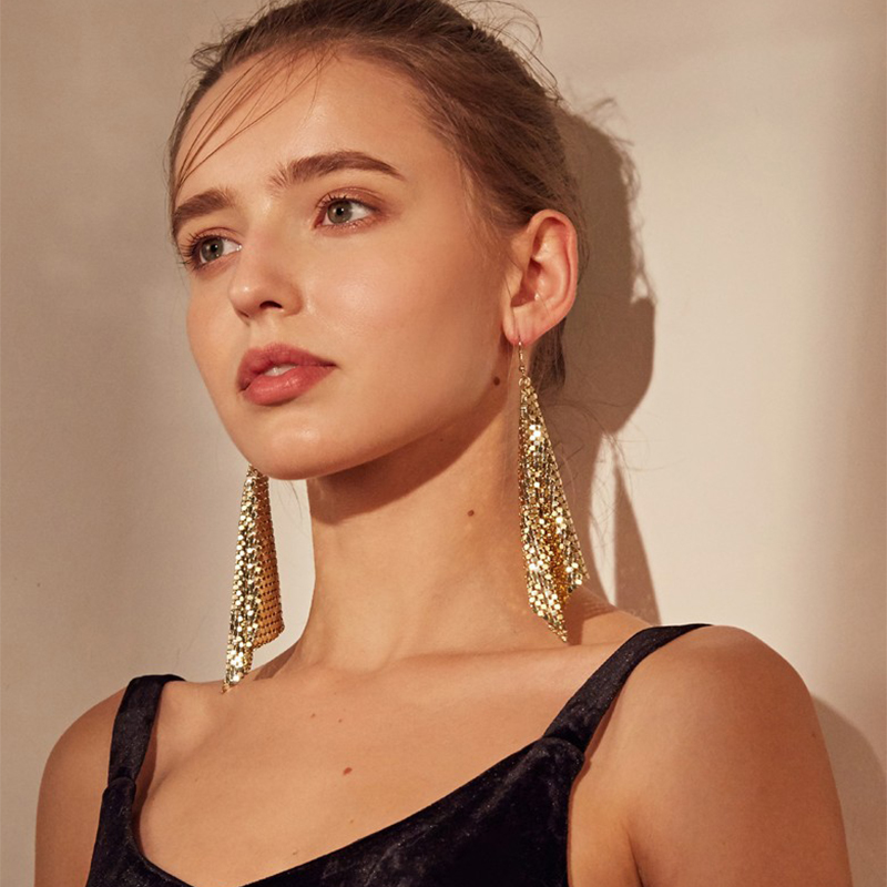 Glanzende Metalen Pailletten Oorbellen Voor Vrouwen Mode Kwastje Geometrische Lange Stijl Earring Verklaring Sieraden Meisjes Wedding Party