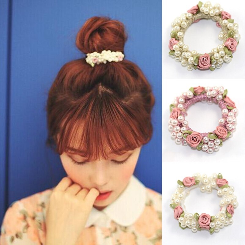 Koreanische Süße Neue Frauen Mädchen Blume Perlen Elastische Nachahmung Perlen Reize Gummi Headwear Haar Seil Zubehör