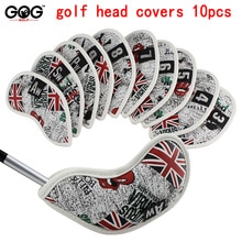 GOG 10pcs/set golf head cover pu artificial leather iron cover uk flag skull headcovers with number tags 3 4 5 6 7 8 9 pt sw aw