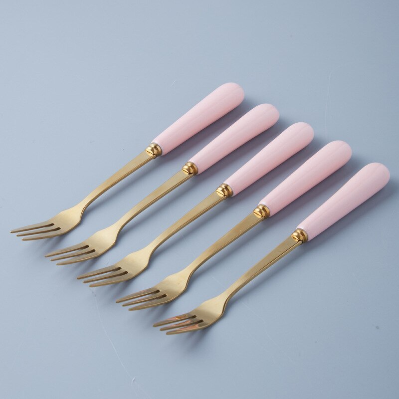 Golden Tableware Marbled Ceramic Cutlery Set Storage Tank Gold Spoon and Fork Set Mirror Coffee Fork Dinner Set: 5pcs Pink forks