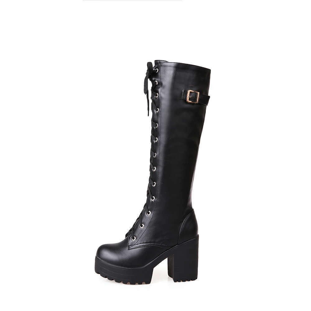 Lente Herfst Vetersluiting Knie Hoge Laarzen Vrouwen Mode Witte Vierkante Hak Vrouw Lederen Schoenen Winter Pu Grote Maat 43