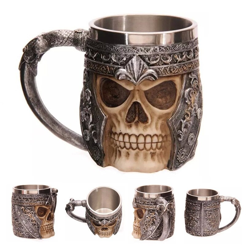 WIKEA Roestvrij Staal Viking Tankard Warrior Schedel Mok, Middeleeuwse Drinkware voor Koffie/Drank/Sap (Agresser Twee