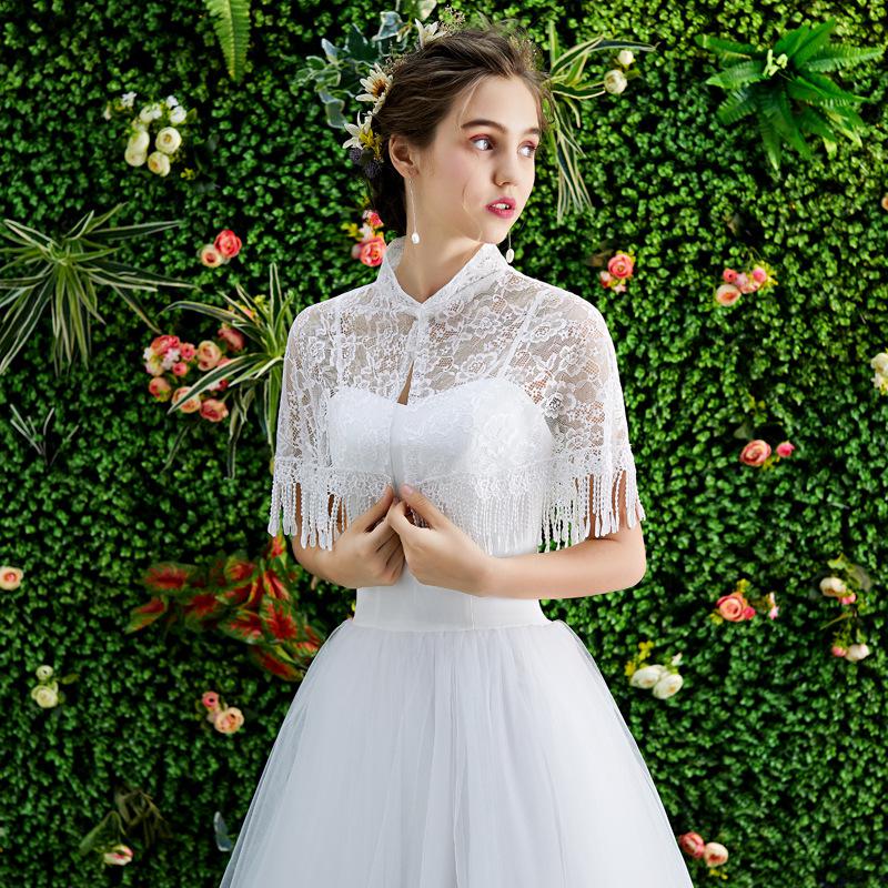 Zomer Vrouwen Bolero 11 Kleuren Kant Bruids Stola Wraps Vintage Kwasten Bruiloft Jas Sjaal Elegante Avond Jas Cape Mariage: WHITE