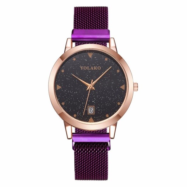 Vrouwen Magneet Gesp Sterrenhemel Horloge Met Kalender Luxe Dames Rvs Quartz Horloge Top Relogio Feminino: Purple