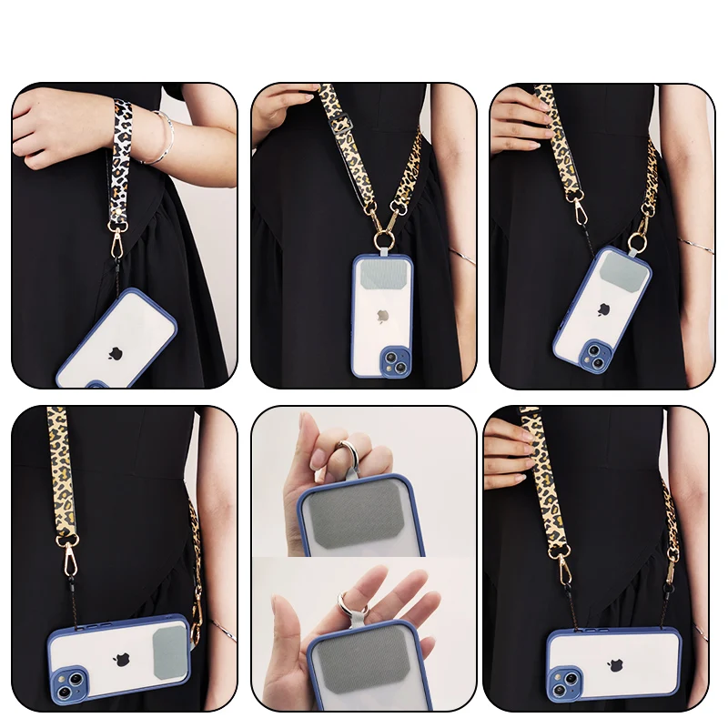 Crossbody luipaardprint op de rug hangende nekketting Verstelbare schouder Brede hanger Anti-verloren sling met clip Mobiele telefoonkoord
