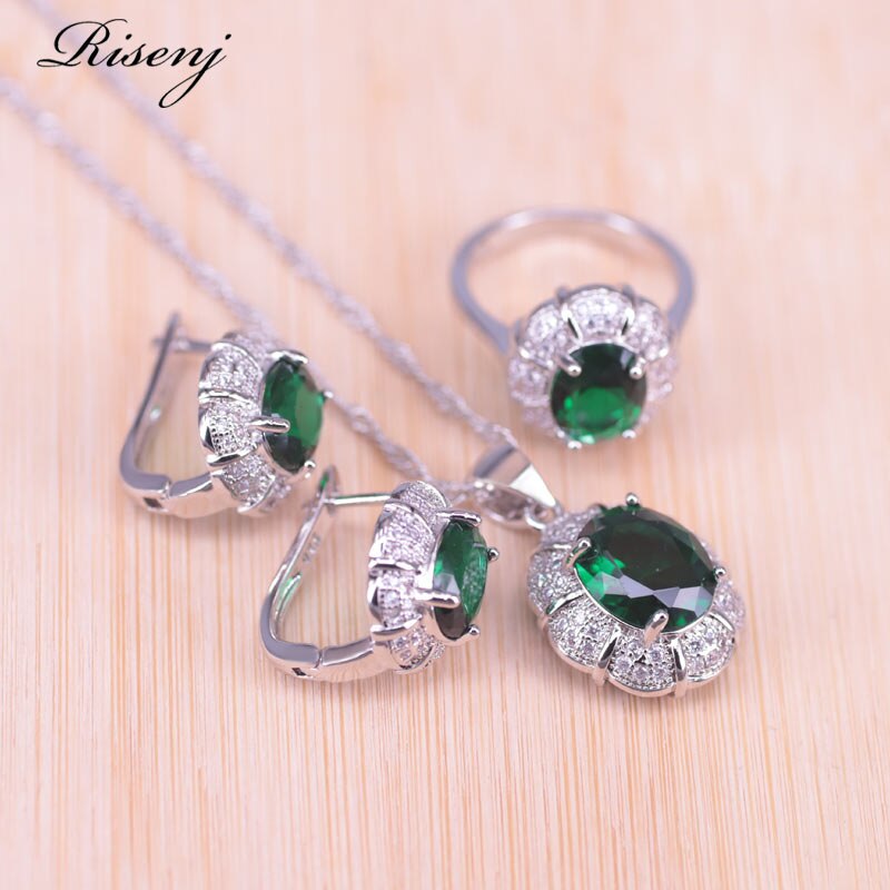 Risenj venäläinen tyyli vihreä kivi valkoinen kristalli hopean värinen korusetti naisille kaulakoru chian korvakoru sormus rannekoru