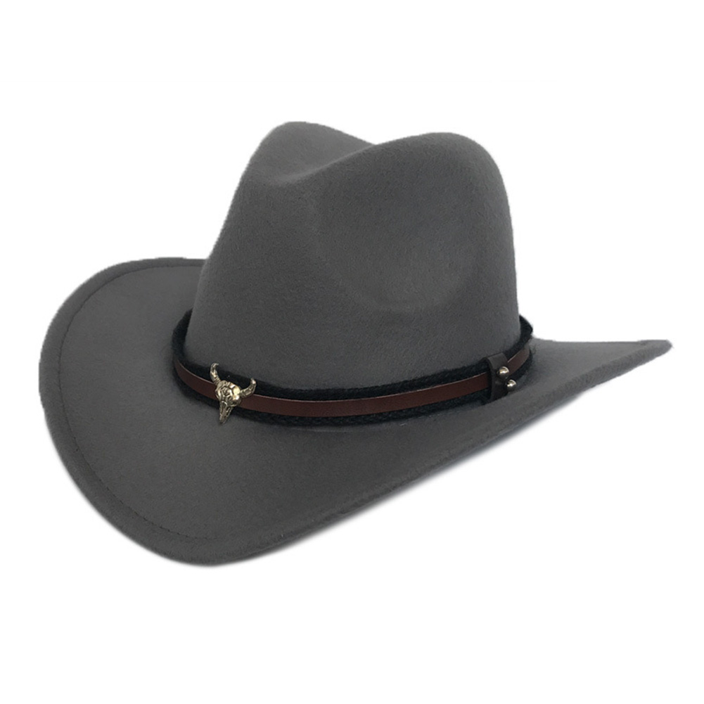 Ox Head Unisex Western Cowboy Woolen Hat Wide Brim Fedora Jazz Cap with Strap Cowboy Woolen Hat Wide Fedora Jazz Cap with Strap: Grey