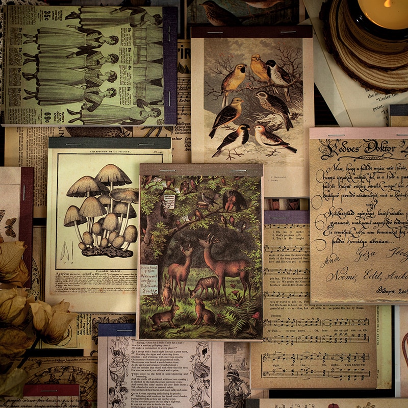 Yoofun 60 ark retro dekorativt bagsidemateriale papirer svampeavis skovpapir til collage junk journals vintage håndværk