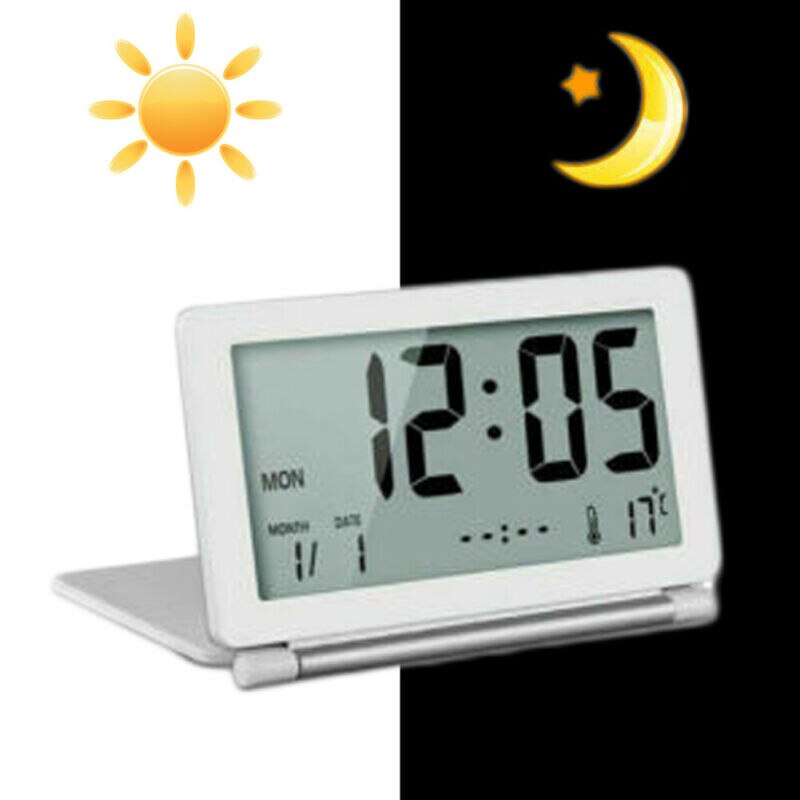 Bärbar hopfällbar digital väckarklocka liten display reseväckarklocka med kalendertemperatur: Vit