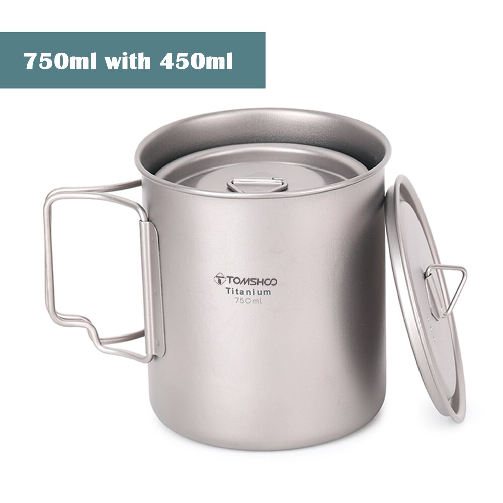 TOMSHOO Ultralight Titanium Cup Outdoor Portable 2PCS Cup Set 300ml 650ml Camping Picnic Water Cup Mug with Foldable Handle