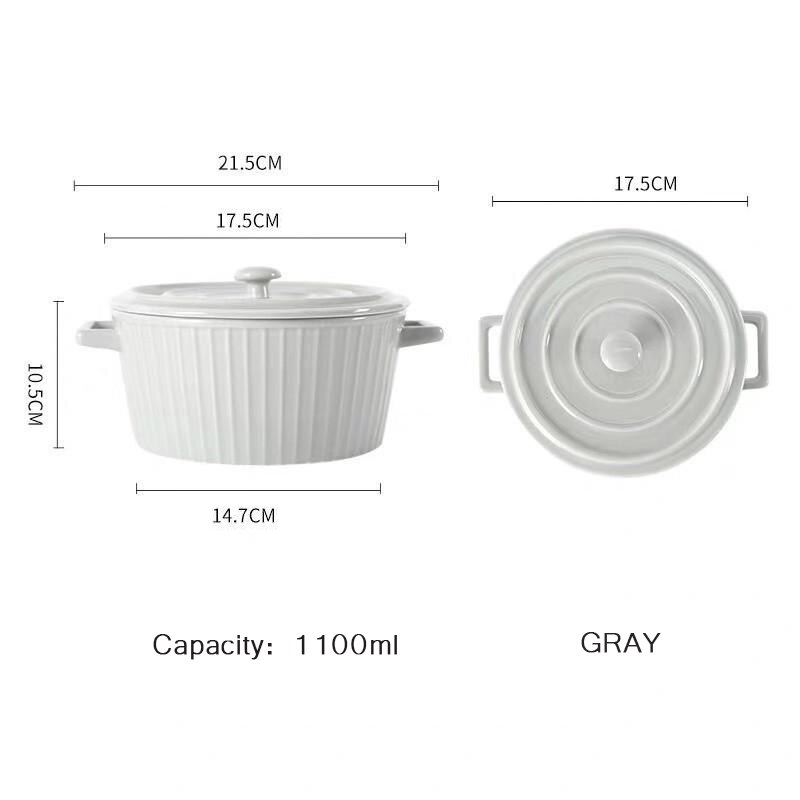 Moderne Minimalistische Dubbele Oor Keramische Kom Met Deksel Studentenflat Thuis Salade Instant Noodle Kom Magnetron-Verwarmbare Soeppan: Gray