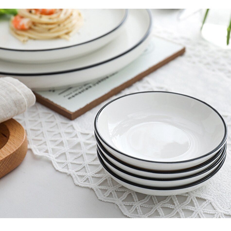 Europese stijl keramische serviesset borden eenvoudig zwarte rand zwarte lijn servies kommen en schalen restaurant diner