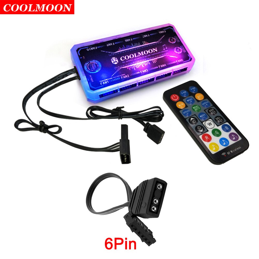 Coolmoon Smart Music 5V 3Pin ARGB Remote Controller HUB for Coolmoon 6Pin Chassis Cooling Fans 4Pin Light Strip Heat Dissipation: With 1pc 6Pin Cable