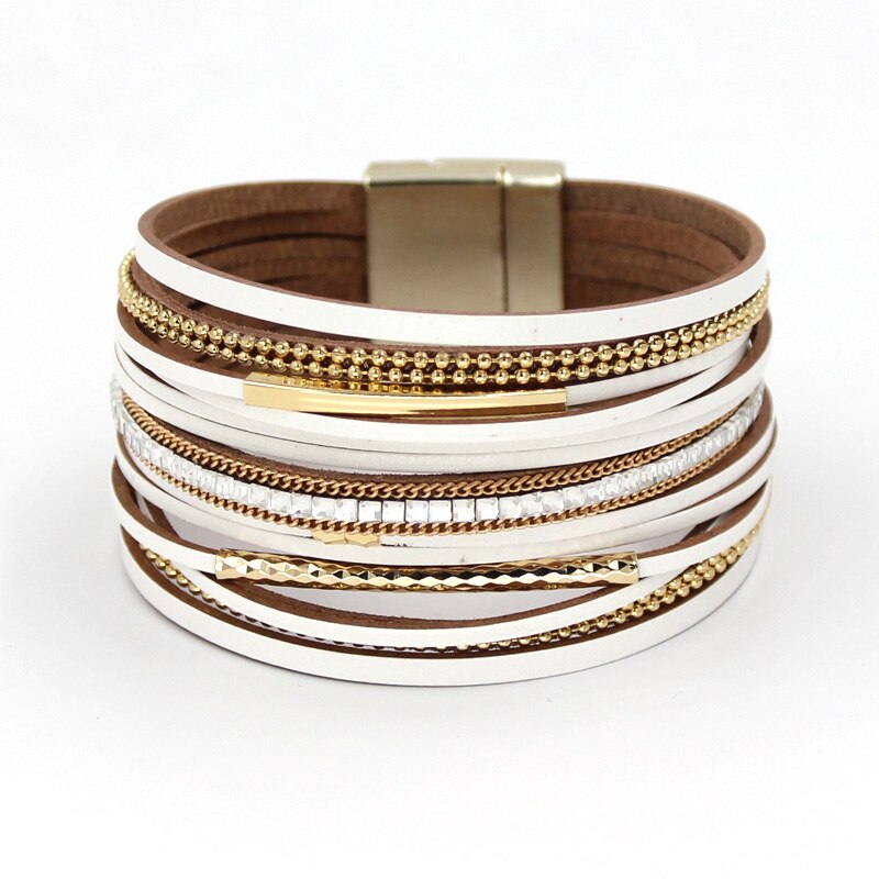 Women Bracelets Multi-layer Leather Rope Rhinestone Combination Metal Pipe Chain Bracelet Jewelry: B079g White