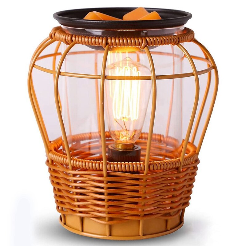 Rattan Glass Woven Wax Burner Fresh Air, Bamboo Rattan Aroma Diffuser Light Night Light Rattan Light US Plug