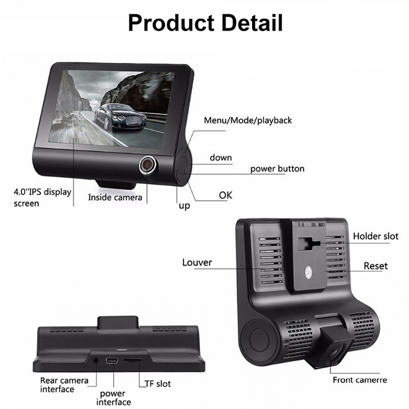 Bil-dvr 3 kameraer full hd 1080p videoopptaker automatisk registrator lcd-skjerm ryggekamera loopopptak