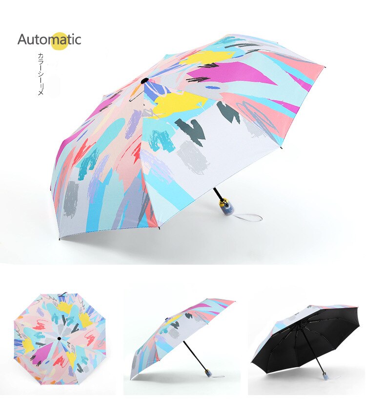 Automatic Oil Umbrella Women Sun Umbrella Rain Black Coating Anti-uv Female 3-fold paraguas: Default Title