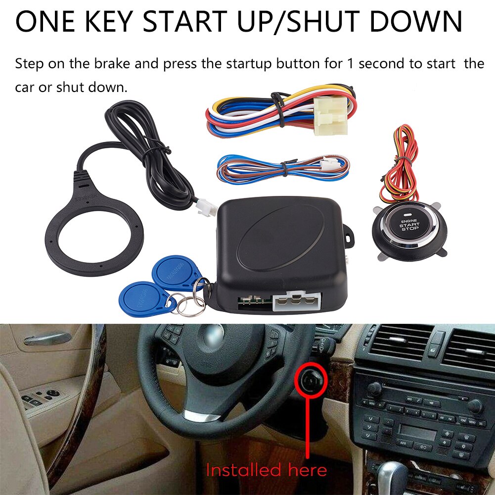 Keyless Entry Start Stop Ignition Starter System, Car Engine Push Start Button with RFID Induction Car Alarm