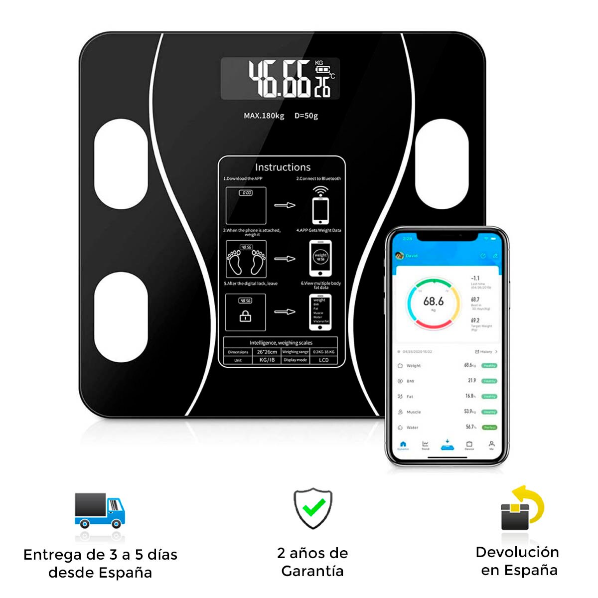 Báscula Digital Bluetooth Inteligente con 12 mediciones, moderna, , precisa, resistente, vidrio templador, pantalla LCD, compatible con móvil o Tablet, app IOS y Android, bascula de baño, basculas, bascula
