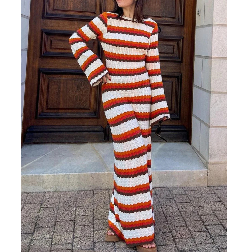 Knitted Crochet Stripe Maxi Dress Women Horn Sleeve Beach Dress Female Evening Party Chic Long Dresses