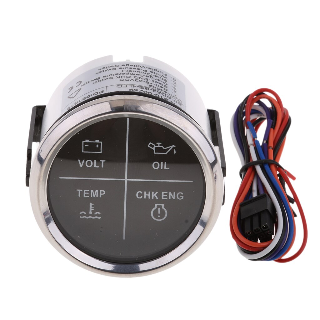 52mm 2" 4 LED Alarm Gauge VOLT OIL TEMP CHK ENG Indicator Meter: Black Chrome