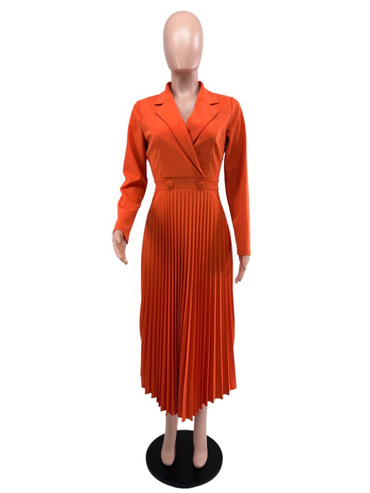 Vestidos plisados elegantes para mujer, vestido de oficina con cuello con muescas, botones de manga larga, corte imperio, informal, novedad de otoño
