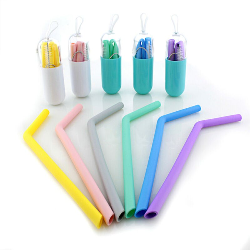 6 Colors Reusable Silicone Drinking Straws Food Grade Straw with Cleaning Brushes Set