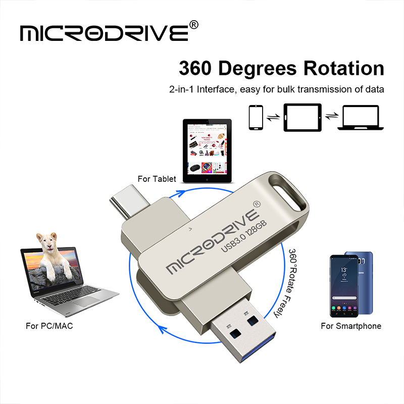 Unidade flash USB TIPO C OTG 2 em 1 USB Stick 3.0 128GB Pen Drive 64GB 256GB 512GB Disk de memória Pendrive