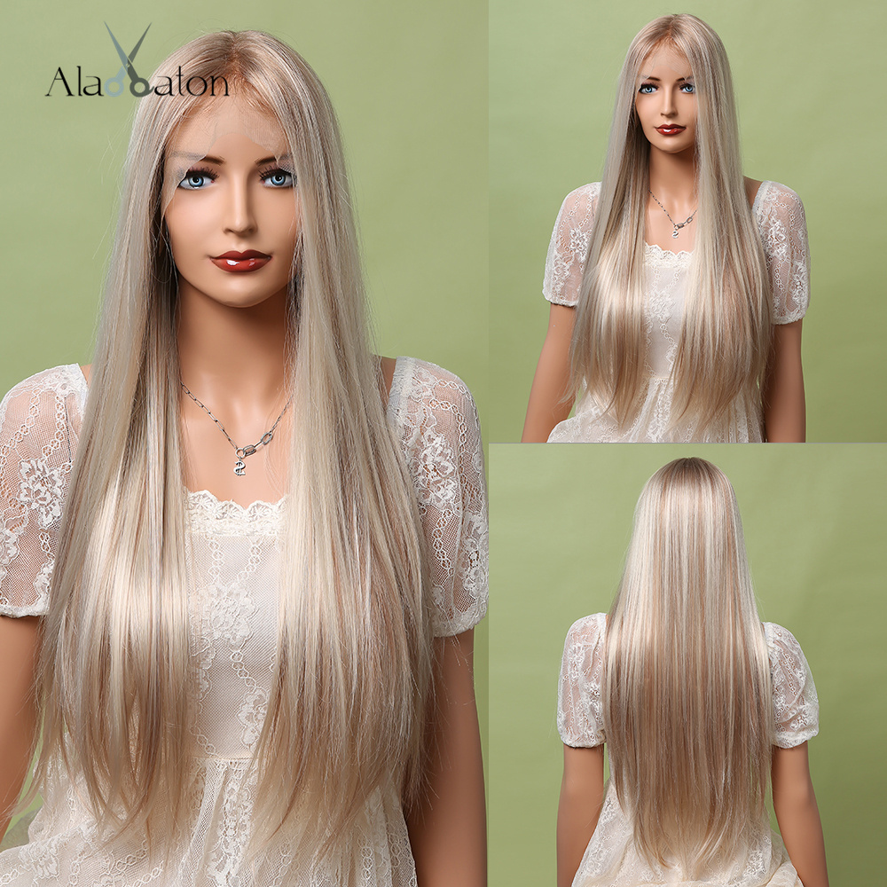 ALAN EATON Long Straight Ash Brown to Warm Brown Synthetic Lace Front Wig for Women Middle Part Heat Resistant Lace Hair Wigs: BL11019-1