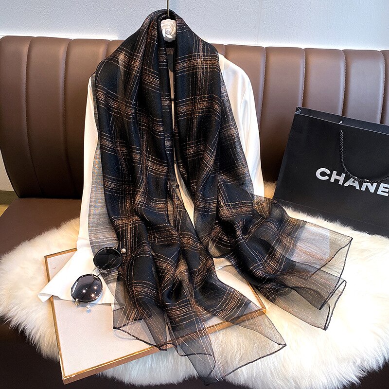 Autumn And Winter Silk Scarf Women's Temperament Gold Long Shawl Dual-Purpose Silk Scarf: Black2