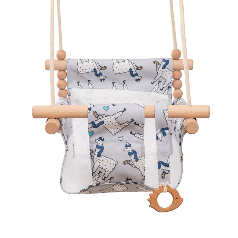 Baby Swing Set Cartoon Canvas Chair Hanging Wood Outdoor Baby Toy Outdoor Small Basket ricreazione sicura per bambini: alpaca 1