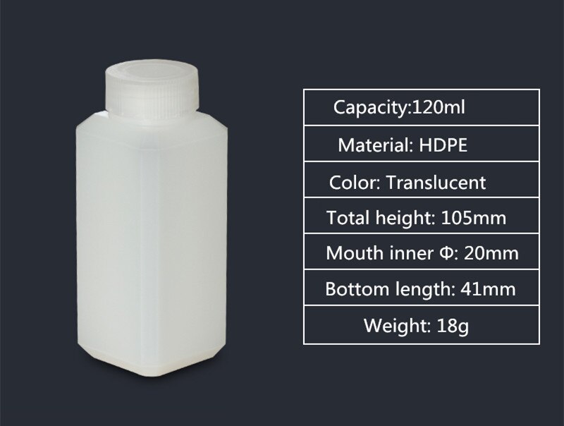 Empty HDPE bottle narrow mouth solid plastic container for liquid,lotion,cosmetic packaging bottle food grade: 120ML square
