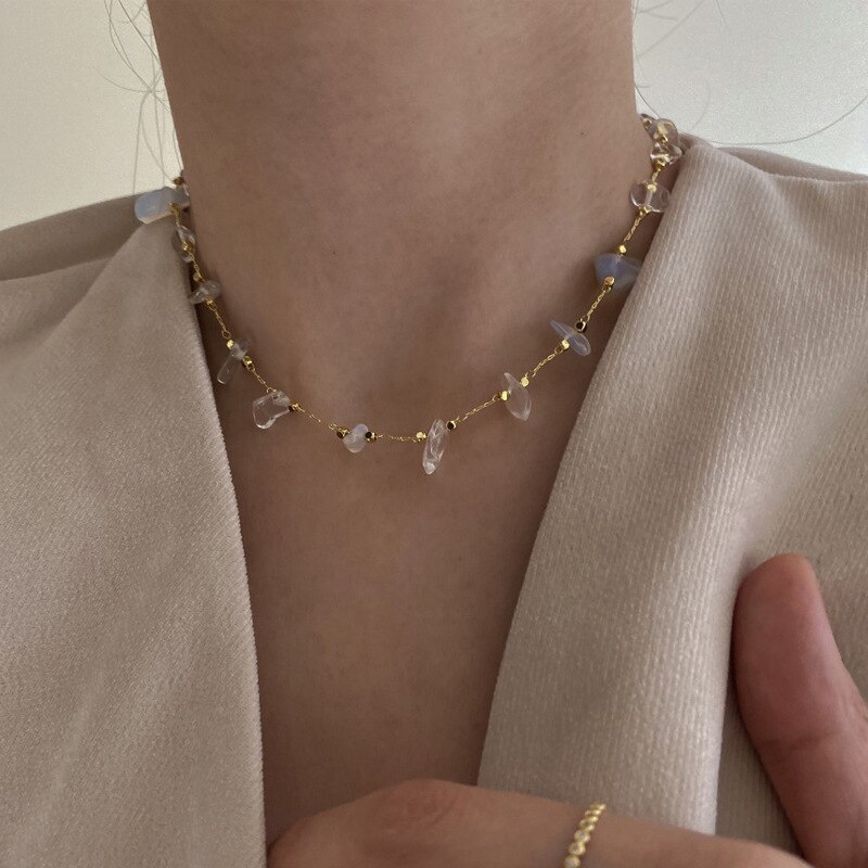 Peri'sbox 2 designs klare natursten choker halskæder hule tykke cirkel halskæder til kvinder minimalistiske uregelmæssige halskæde: Natursten