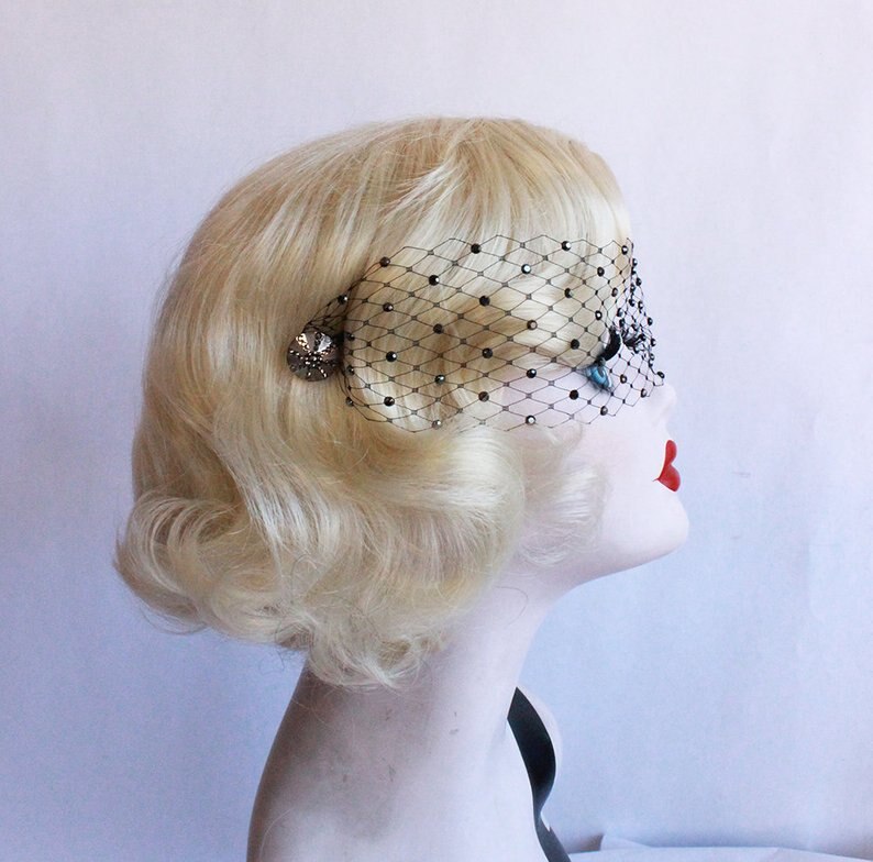 Velo negro para los ojos, velo de rejilla, cristal, tocado de boda
