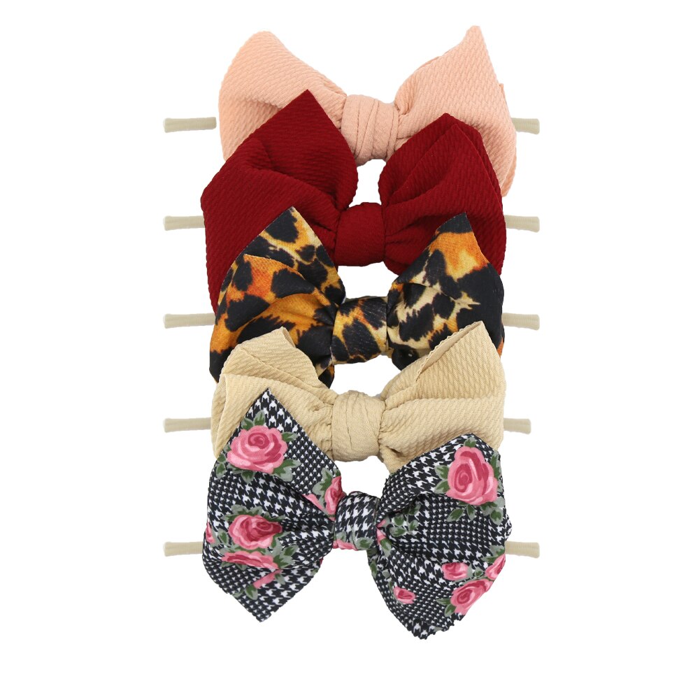 5Pcs/Lot Flower Print Elastic Nylon Band 5.9'' Big Bow Knot Headband Newborn Non-Marking Hair Accessories: mix6