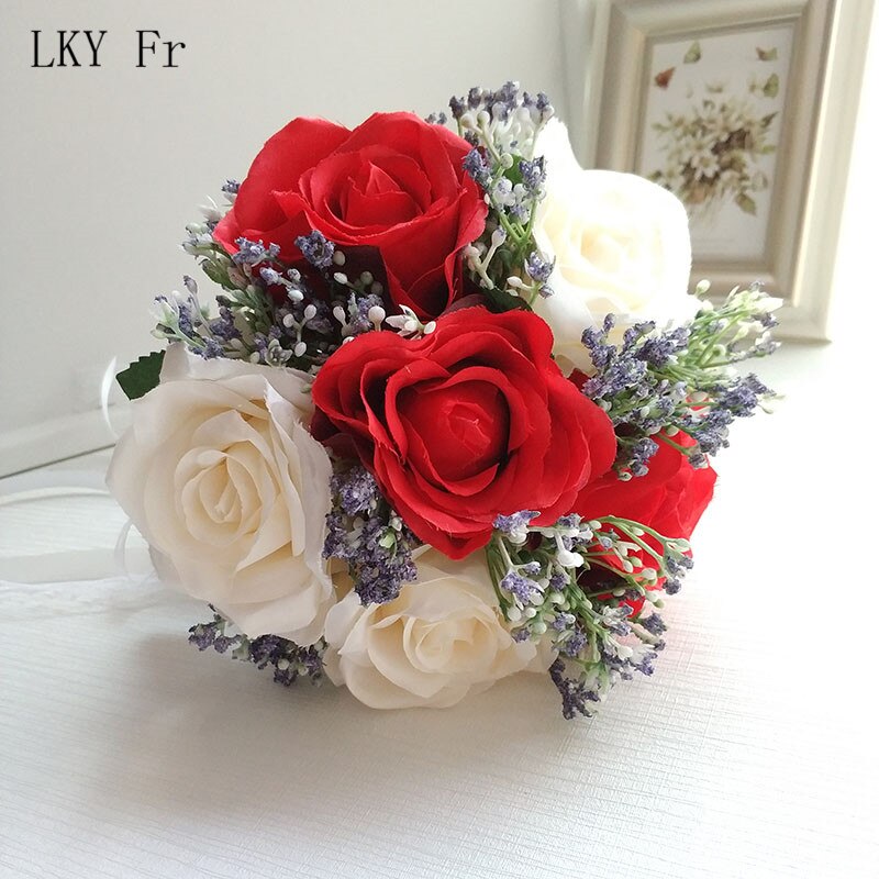 Lky fr bryllupsbukett brudepike brudebukett kunstige roser hvit silke blomster jente bukett bryllupstilbehør hjemmeinnredning: Rød lvory bukett
