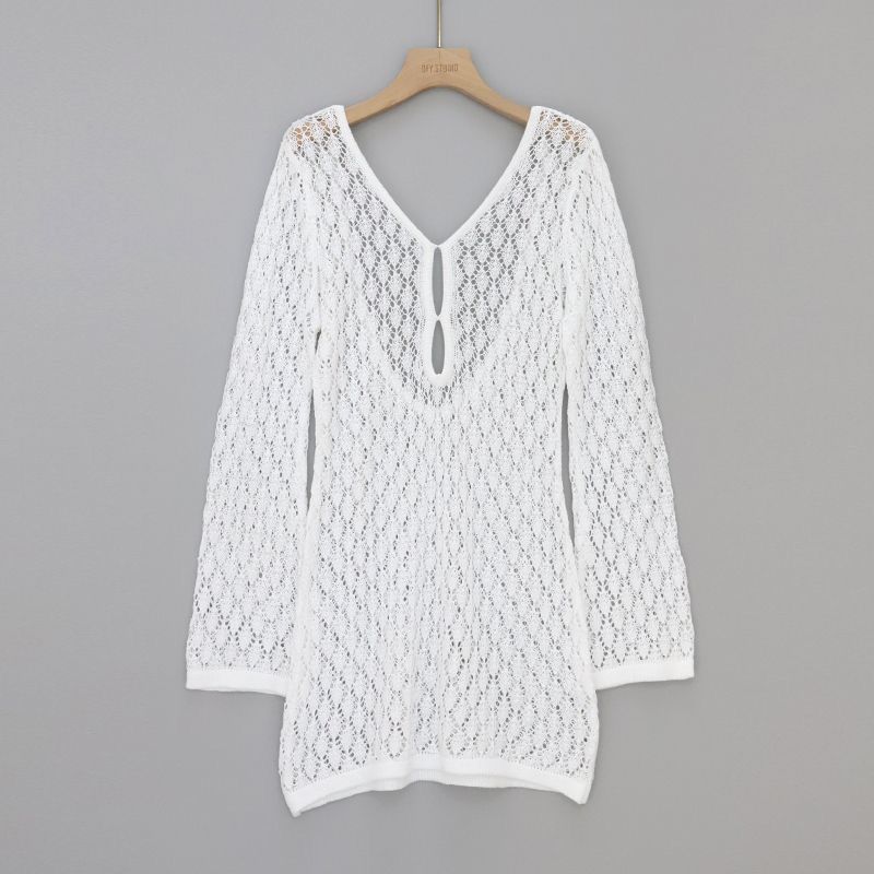 Koronkowa mini sukienka na wakacje, bez pleców, dekolt w serek, długa sukienka plażowa z długim rękawem, nowa sukienka na wakacje z szydełkowym wzorem, seksowna na Instagram, kolekcja 2025