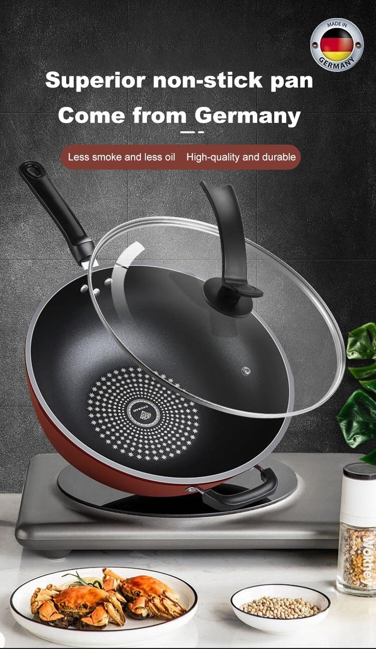 Ijzeren Wok 32Cm Non-stick Pan Keuken Wok Met Glazen Deksel Inductie Kookplaat Gas Geschikt Koekenpan pan Kookpot