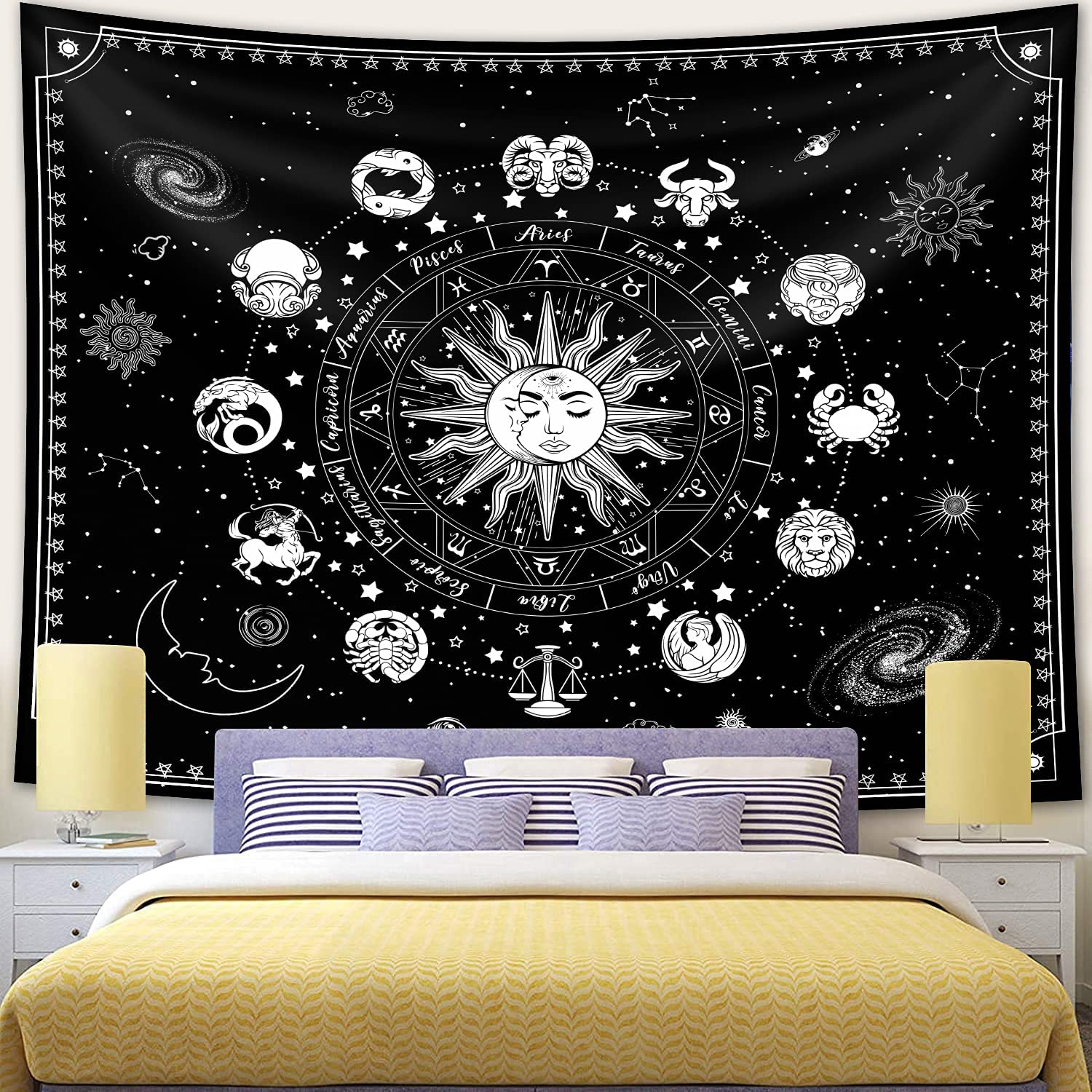 Zodiac Tapestries Sun and Moon Tapestry Astrology Tapestry Zodiac Sign Tapestry, Constellation Tapestry Black and White Tapestry