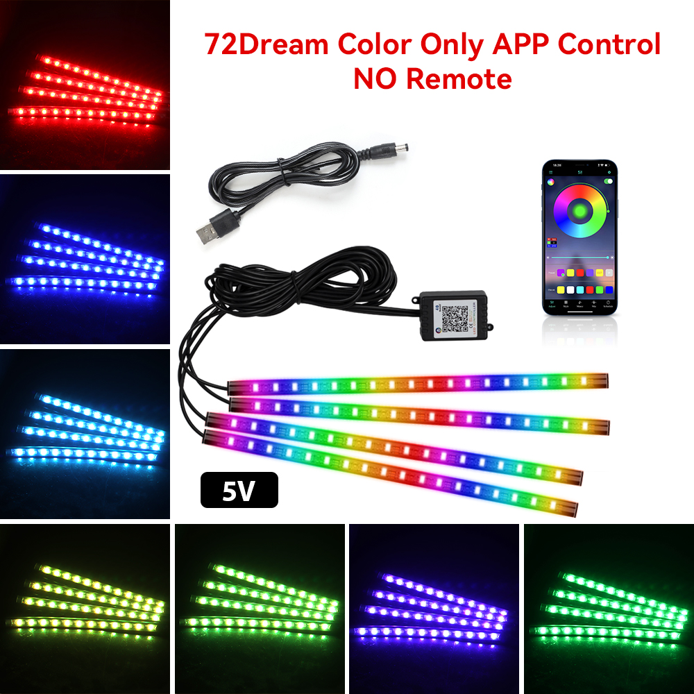 Néon 48 72 LED voiture intérieur ambiant pied lumière avec USB sans fil à distance musique App contrôle Auto RGB atmosphère lampes décoratives: Bleu