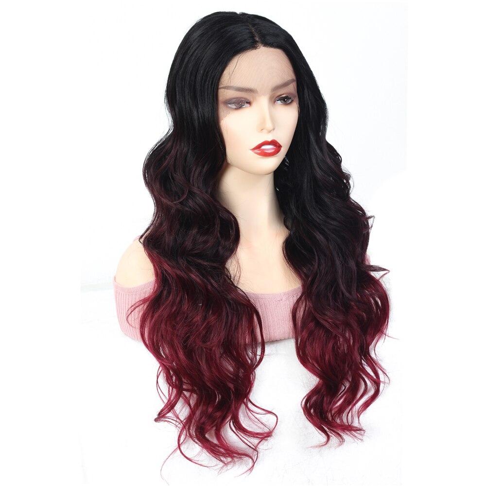 SOKU Ombre Wine Red Color Lace Front Wig 23 Inch Long Wavy Hair Synthetic Wigs With Natural Hairline For Women Trendy Hairstyle