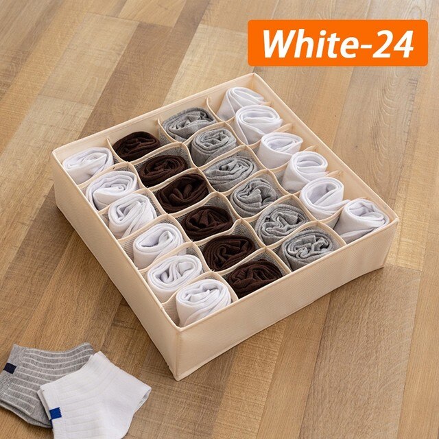 Foldable Underwear Storage Box Socks Closet Organizer Cloth Dividers For Drawers Case Wardrobe Thing Container Home Organization: Beige White 24