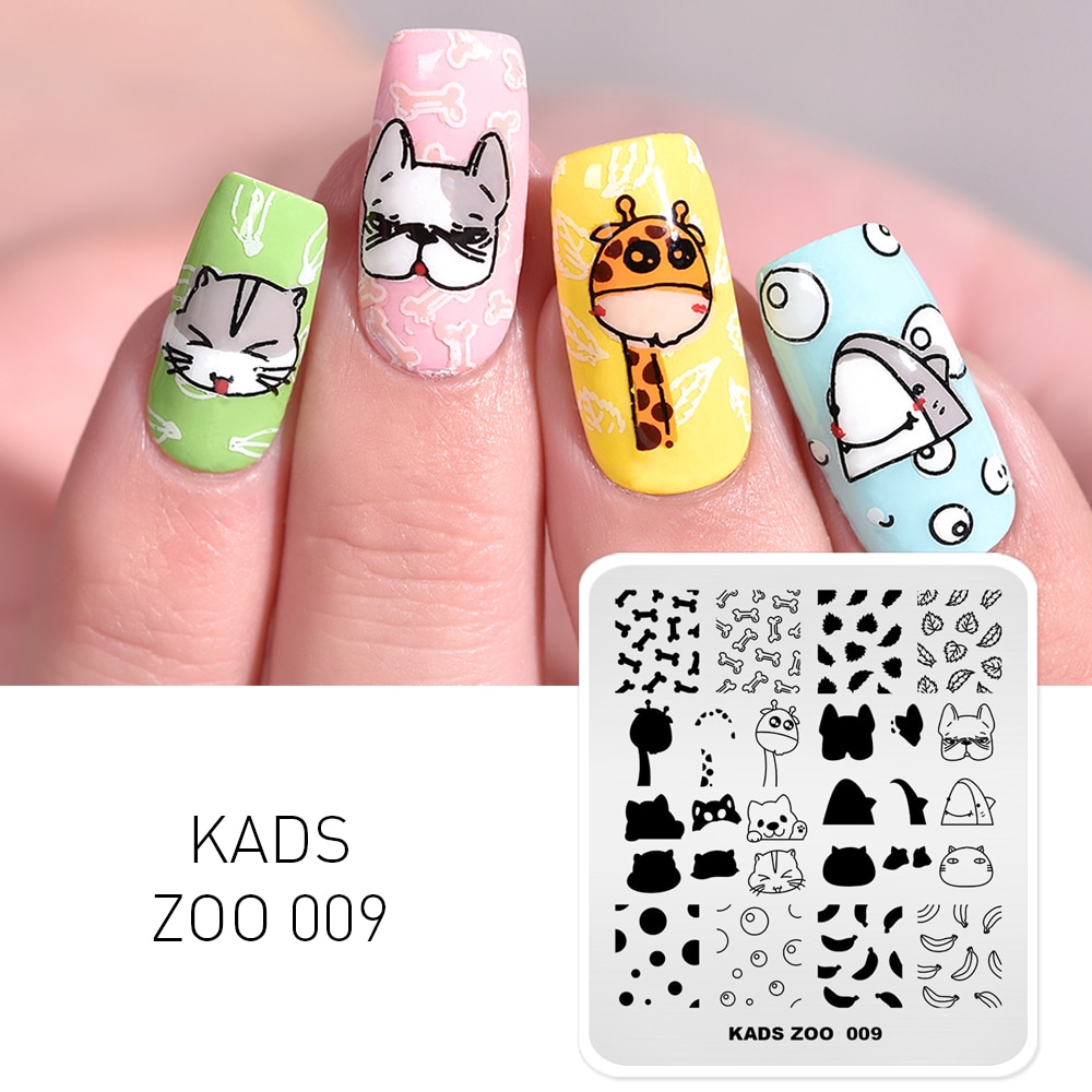 KADS ZOO 009 Serie Nail Sjablonen Plaat Leuke Kat Herten Afbeelding Print Stamper Stencil Nail Art Print Stamper Manicure platen