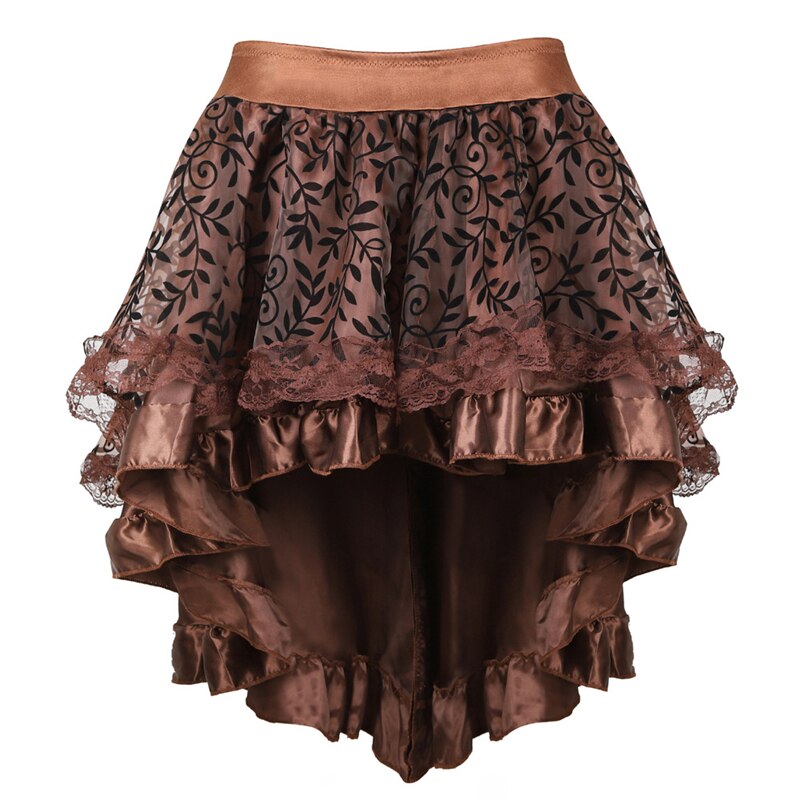 Vrouw Vintage Lace Up Rok Middeleeuwse Gotische Stijl Paleis Prinses Nobele Onregelmatige Hight Taille Ruche Rits Feestavond Rokken: Brown / 5XL
