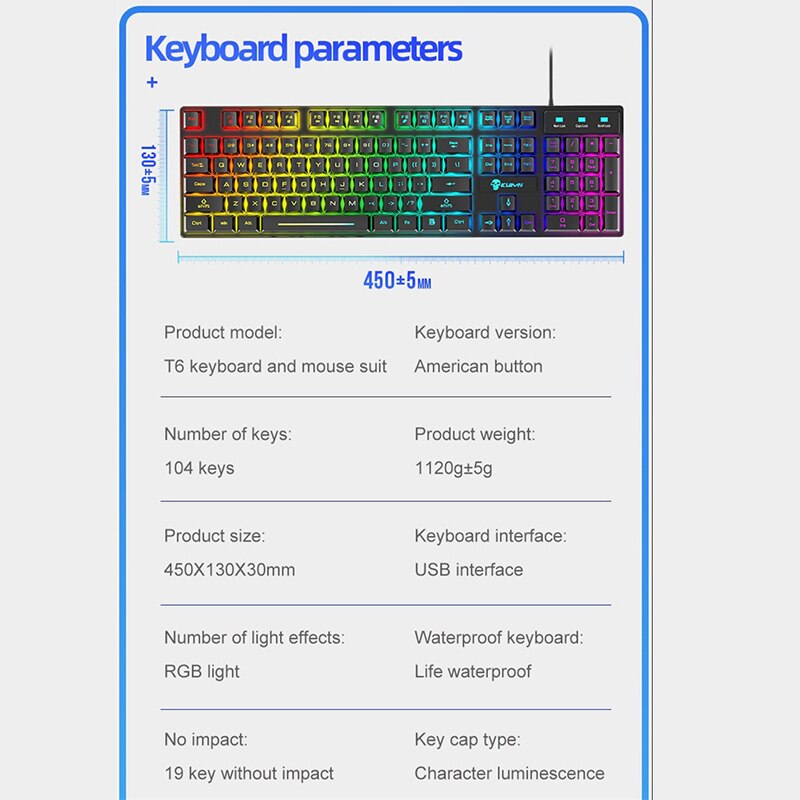 RGB Backlit USB Wired Optical Gaming Keyboard and Mouse Combos Waterproof Ergonomic Keyboard 2400DPI Mouse for Lenovo/XiaoMi
