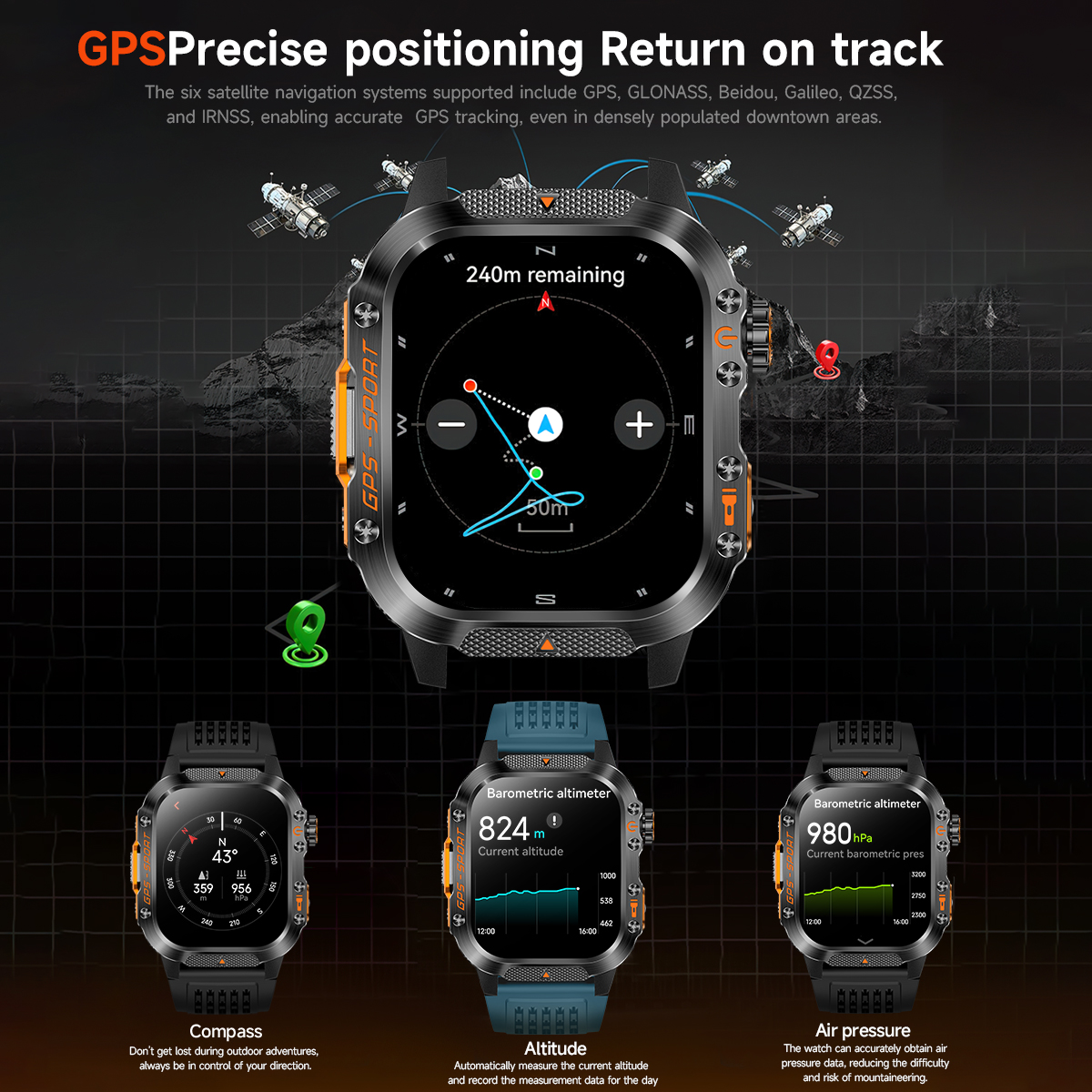 Nuovo accorto guarda costruito-in GPS a doppia frequenza Chiamata senza fili 3ATM Torcia portato impermeabile Bussola sport tutto'aria aperta da uomo Smartwatch