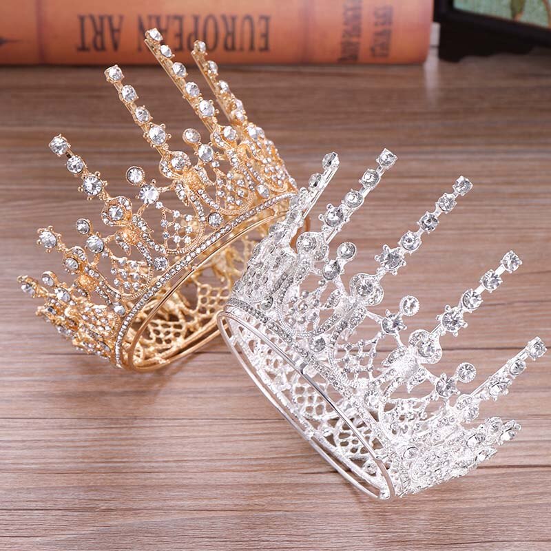 Barokke koninklijke kroon mannen metalen prins haar kroon volledige cirkel haaraccessoires voor cosplay prom (goud met groene steen