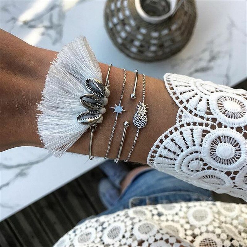 Nykøb 5 stk/sæt vintage sølvfarvede boheme armbånd wave geometrisk charme armbånd til kvinder fest smykker: 30083