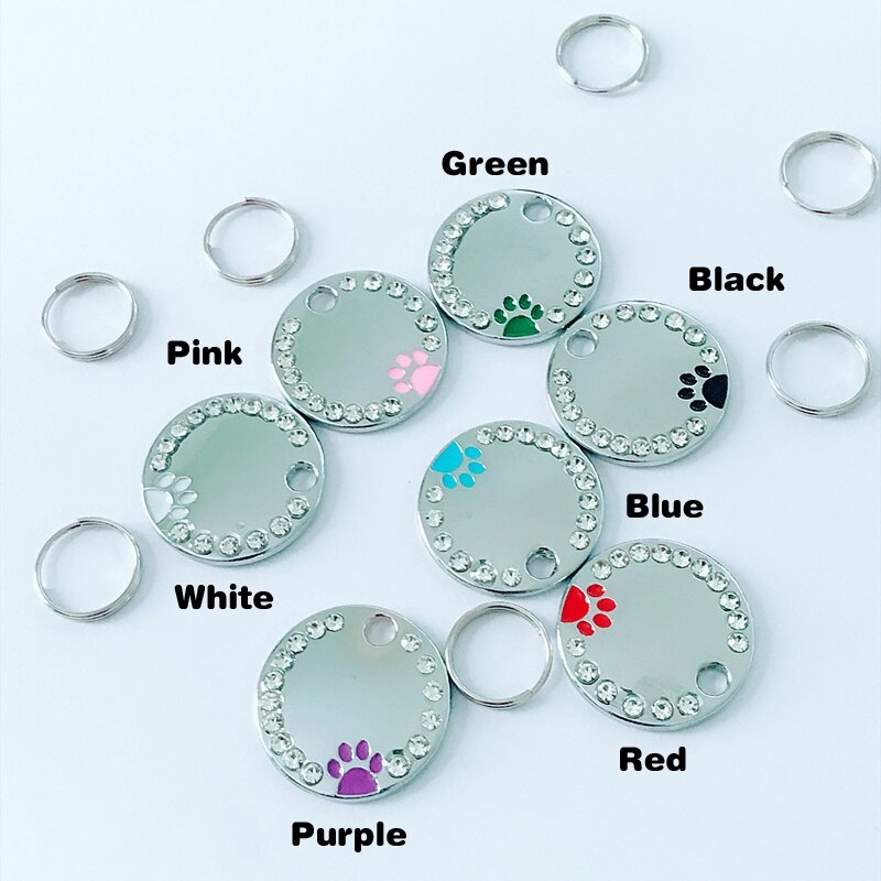 Collier en forme de patte pour chien et chat, porte-clés avec identification, chaîne en métal strass, pendentif gravé avec nom
