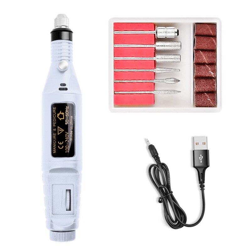 Minitaladro eléctrico de acero inoxidable, herramienta de manicura y pedicura, cortador de uñas con brocas, pulidor de uñas portátil por USB: white